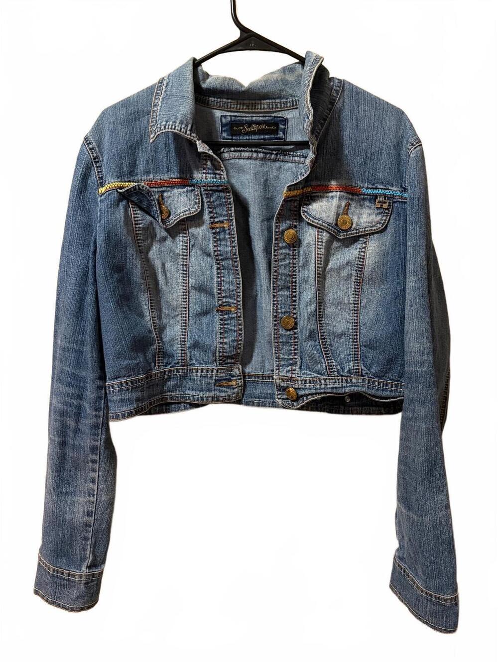 VTG Y2K Southpole Cropped Denim Jacket Rainbow Stitching Embroidery Women's Med